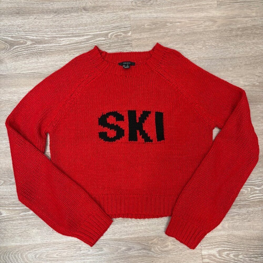 H&M Red Knit Sweater Ski Crop Pullower sz M